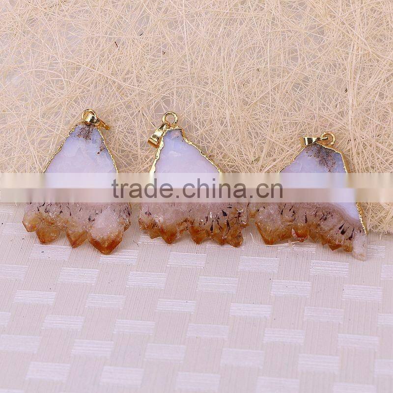 Natural Topaz Quartz Druzy Gem stone Pendant, Gold Plated edged fan-shaped Topaz Pendant