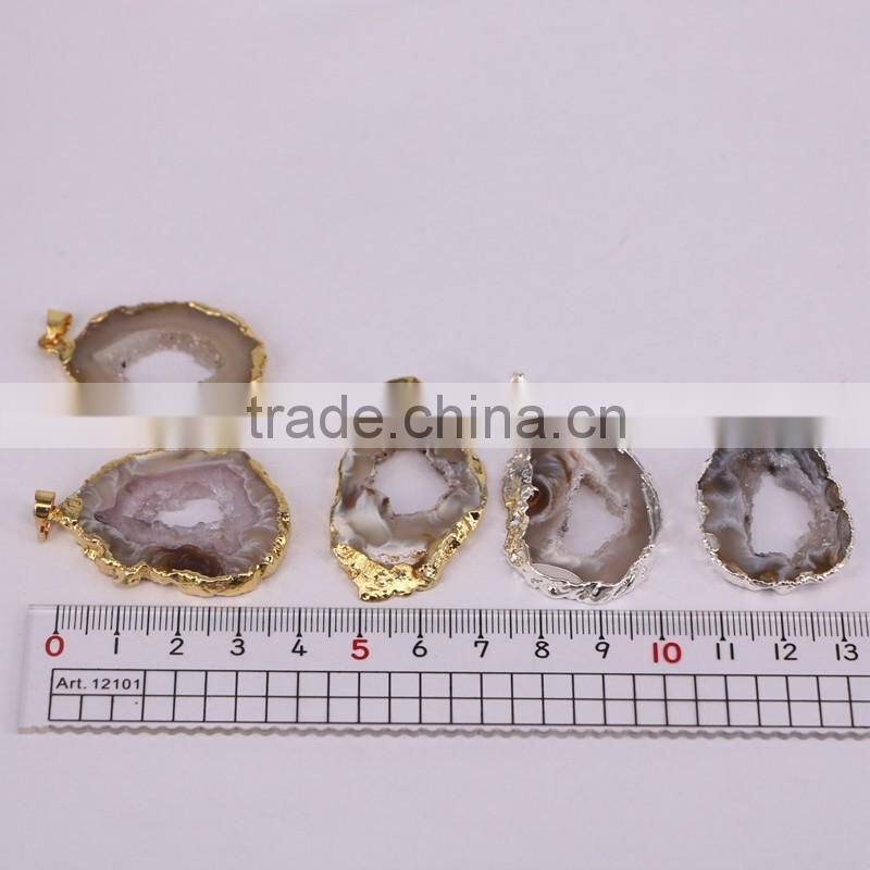Agate Slice Pendant, Silver / Gold plated Agate Geode Quartz Gem Stone Pendant For Jewelry Making