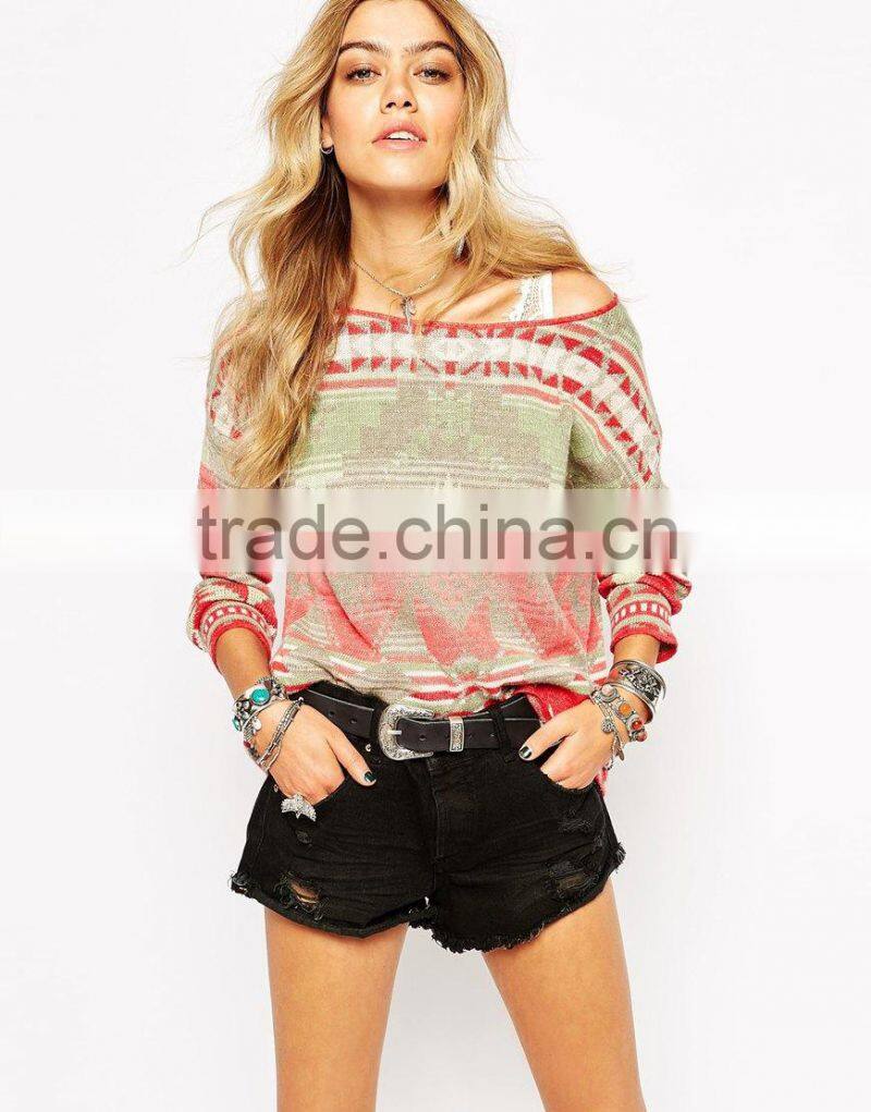 High fashion design sexy women sweater jumper boat neckline pattern jumper colorful jumper