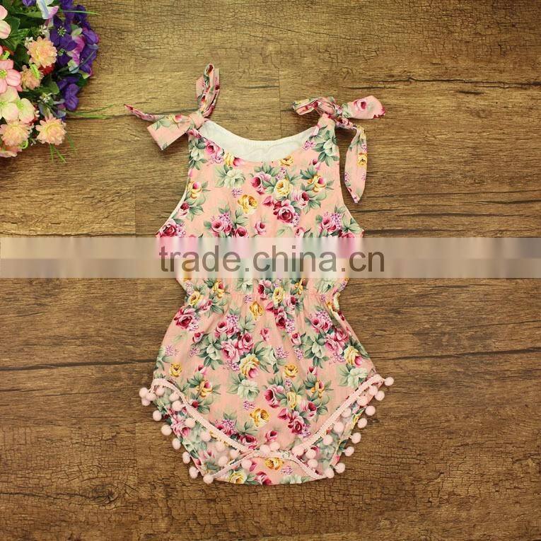 Wholesale kids jumpsuit baby girl pom pom rompers with rose flower baby romper clothes baby rose floral patterns