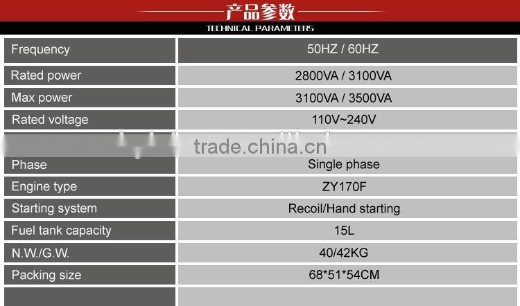 gasoline engine generator 2.8KW 3800 single phase gasoline generator