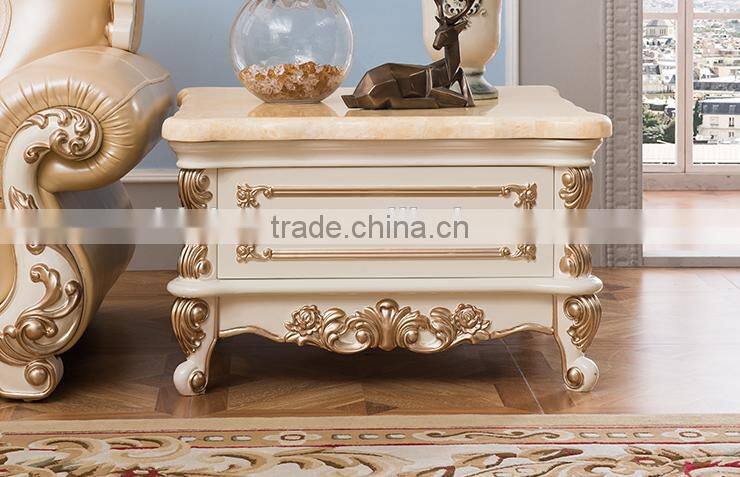 Marble top solid wood square end table with drawer