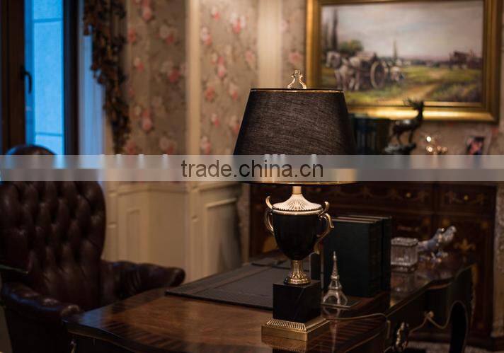 Trophy design black jade body brass decoration table lamp with fabric lampshade