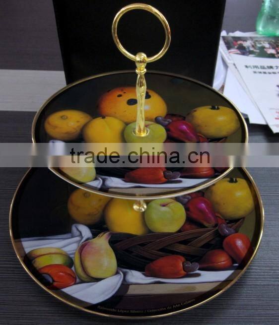 China porcelain two layers circular plate home used Double Cake Dinner Plate with apple fruit decal