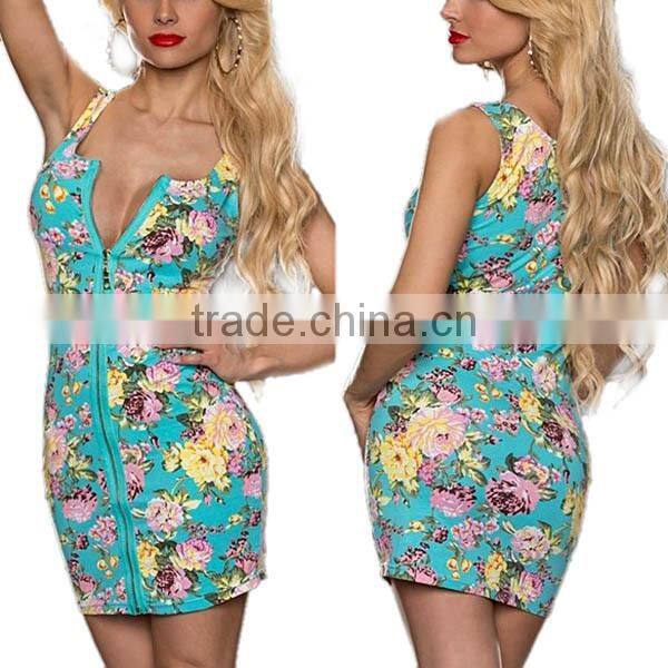 Floral Women Sexy Party Dress Sleeveless Slim Zipper Cocktail Bodycon Mini Dress
