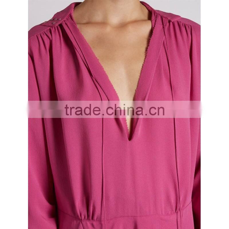 2017 Latest Women Spring Ruched Shoulder Vetements Silk Crepe Midi Dress HSD9918