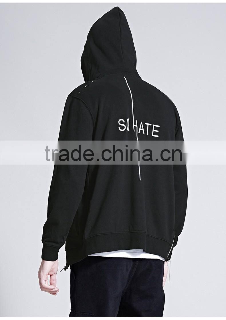 2017 mens streetwear side double zipper hip hop black hoodies