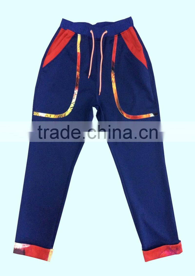Made in China womens cotton color sport wear blue trousers jersey long pocket pants