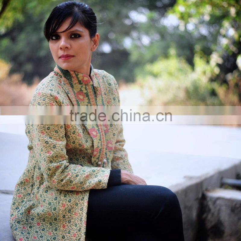 Vintage Kantha Long Accent Jacket in Beautiful Green, Pink & Cream Floral Print ~ Large