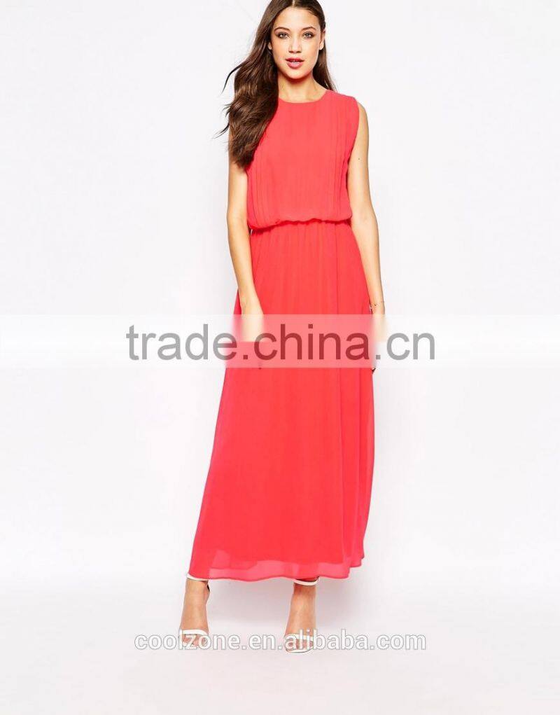100% Polyester pleated details maxi dress lady chiffon maxi dresses