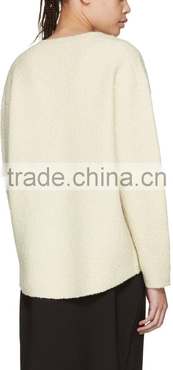 Custom Made Long Sleeve Wool Blend Boucle Pullover Sweater in Off White for Women