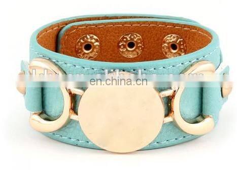 Thin leather wrap with Round plate Monogram Bracelet