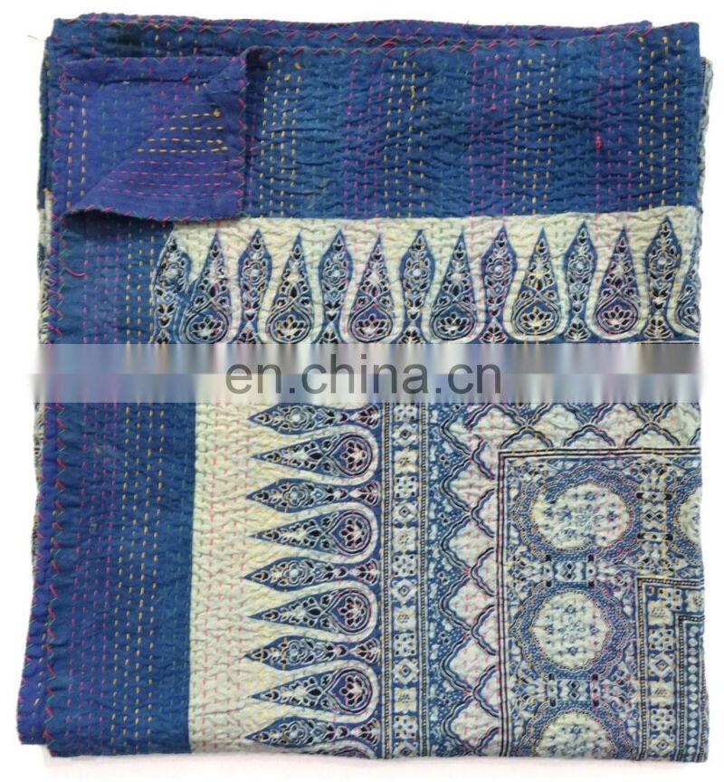 Hand Block Print Kantha Bedcover Vegetable Dye Blanket Ajrakh Kantha Quilt Indigo Print Bedspread
