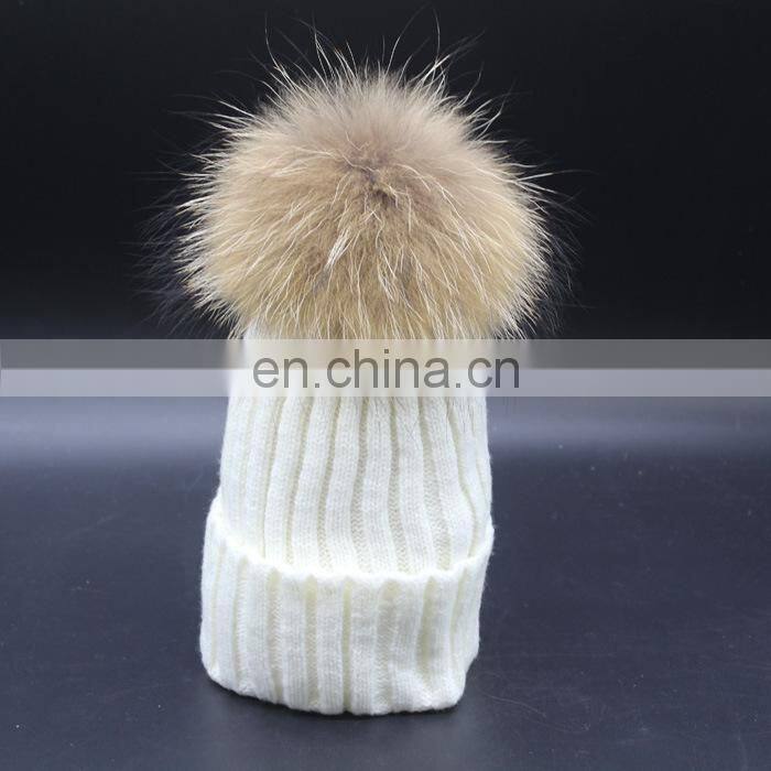 Hot Sell Cute Winter Hats Natural Raccoon Fur Pompom Beanie Cap with Ball Top Knitted Crochet Kid Hat