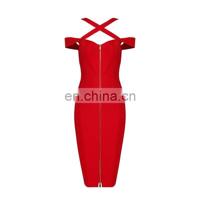 Fashion Women Red Off Shoulder Neck Cross Zip Front Bodycon Bandage Dress