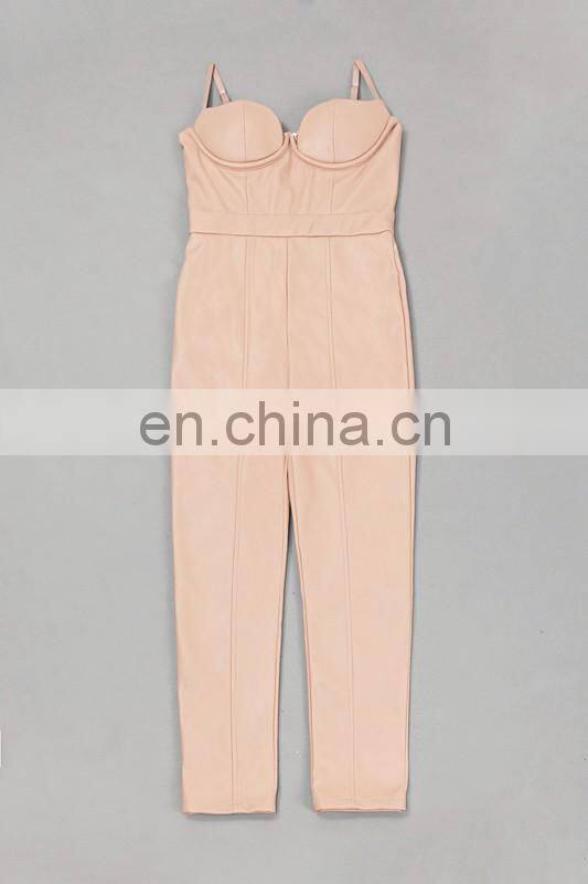 Amigo 2017 new design sexy women party wear black strape backless long bodycon leather evening jumpsuit for girls