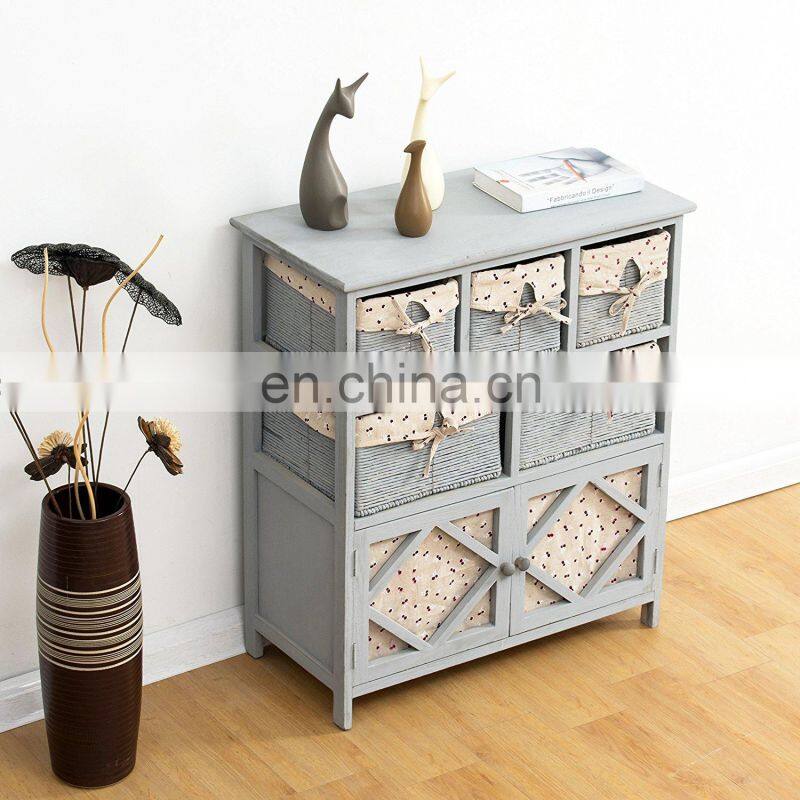Grey Paulownia Solid Wood Sideboard Drawer Chest with Wicker Baskets