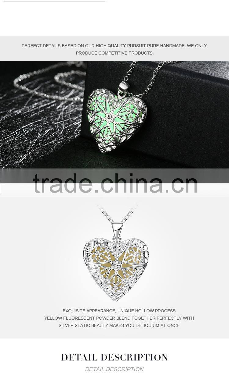 2016 hot selling amber necklace with heart shaped locket luminous stone pendants