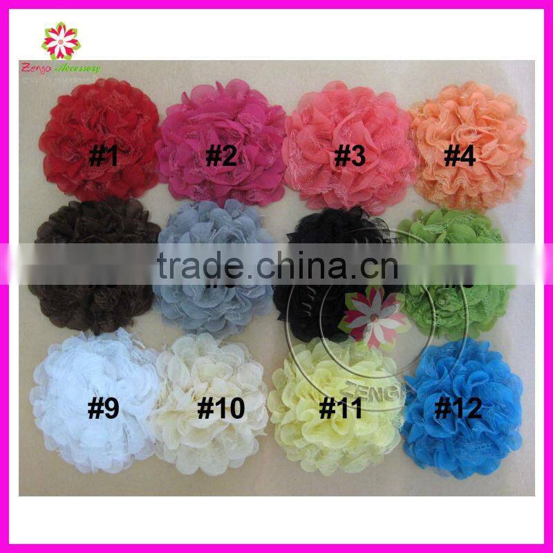 Beaded lace chiffon fabric flowers for wedding dresses,pearl center chiffon lace flower, pearls rhinestone chiffon lace flower