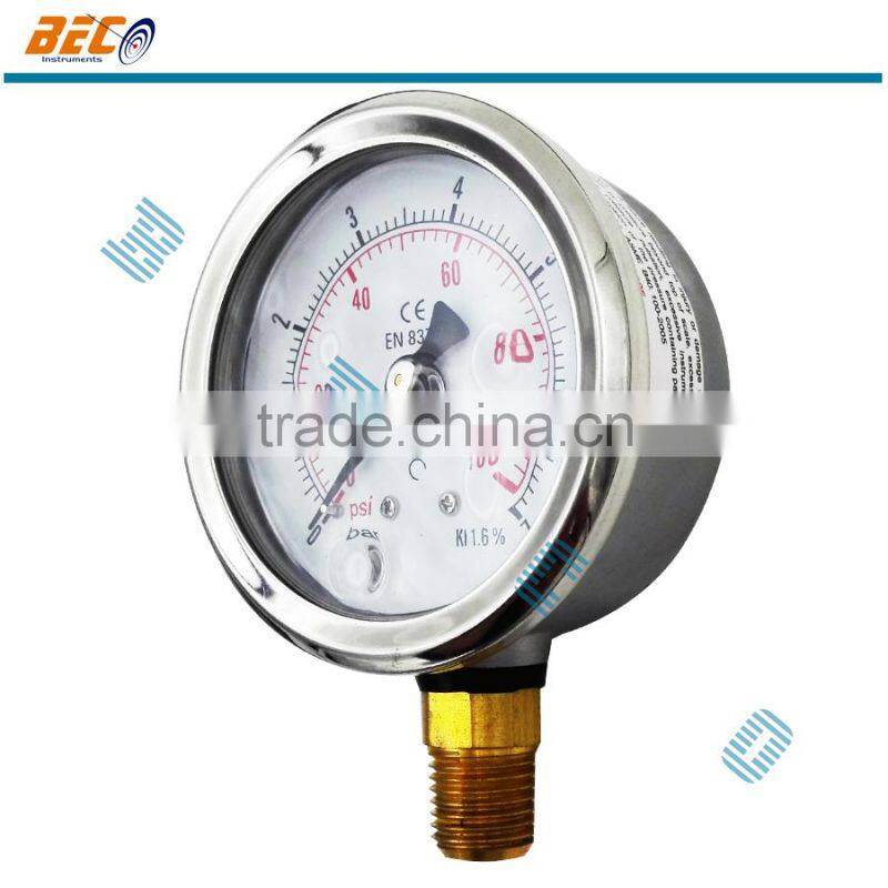Half Stainles Steel Hydraulic Pressure Gauge Bourdon Tube