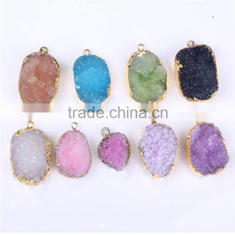 Golden Electroformed Edge Dyed Colors Natural Agate Druzy quartz Pendant Bead--OEM welcome