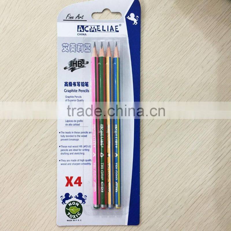 7" standard size soft wood triangular shape color striped HB pencil set in blister card