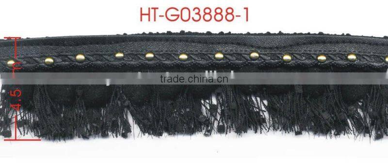 Gold round Stud Black Leather Black Wool Cotton Hanging Tassel Trimming