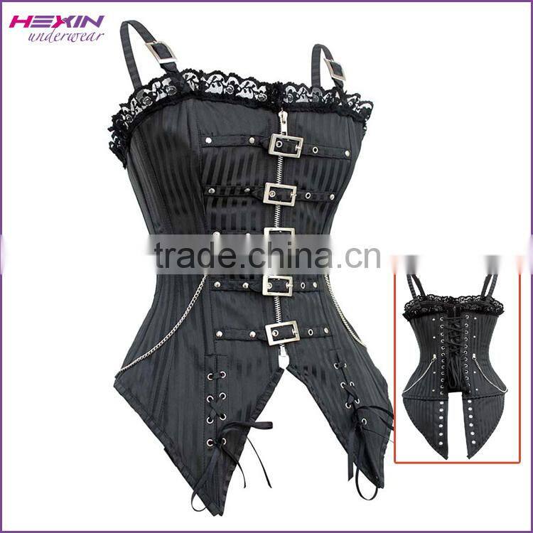 Unique Design Red Stripe Overbust Front Zipper Steampunk Lace up Elegant Corset Tops