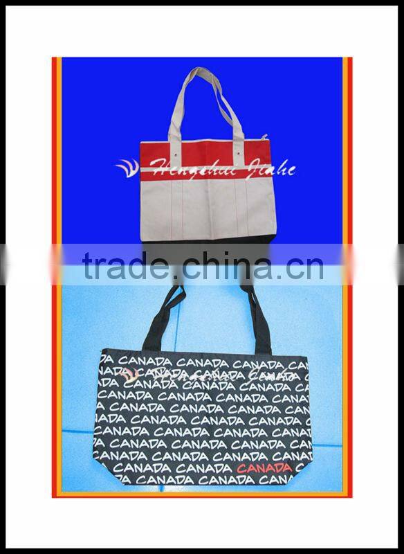 2014 cotton PVC coated shopping bag with pocket/pouch and polyester lining
