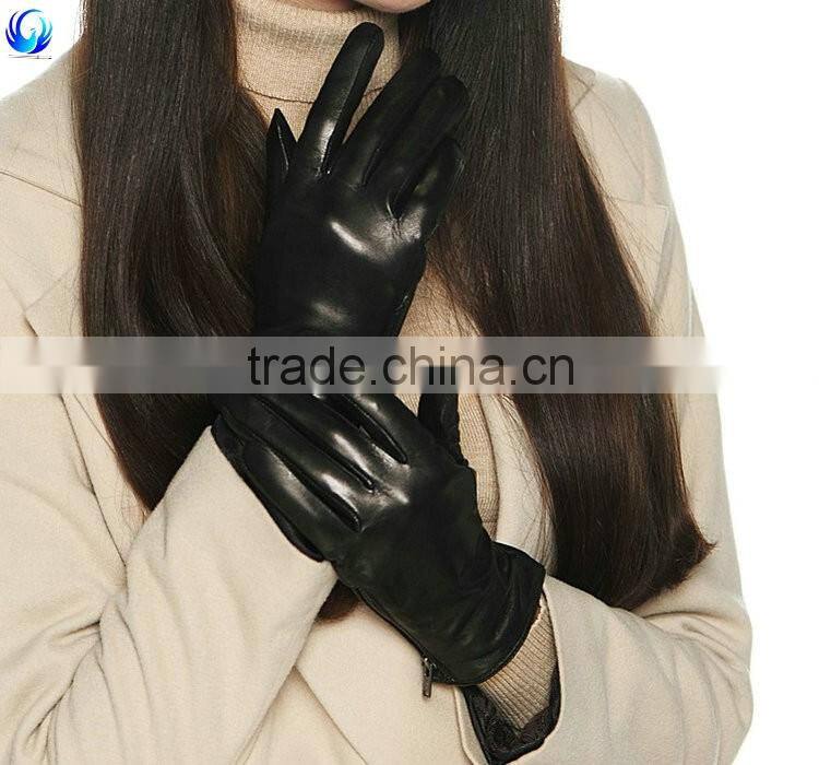 Fancy women wool lined black sheepskin leather touchscreen gloves with zipper