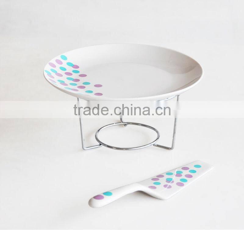 10.5" Porcelain cake plate with server and stand
