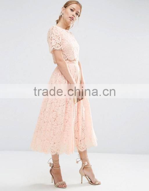 Pink lace crop top and puff skirt wedding dress Girl's short sleeve prom two piece set