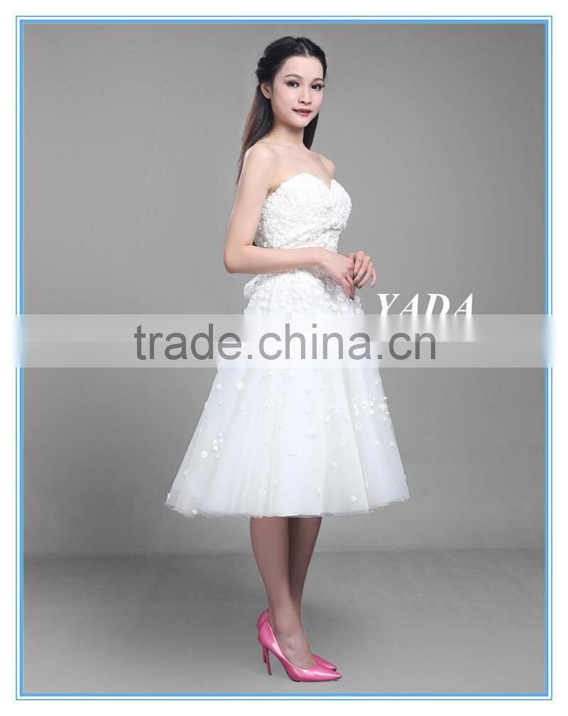 Pretty Off Shoulder Tulle Handmade Appliques Knee Length Wedding Dress