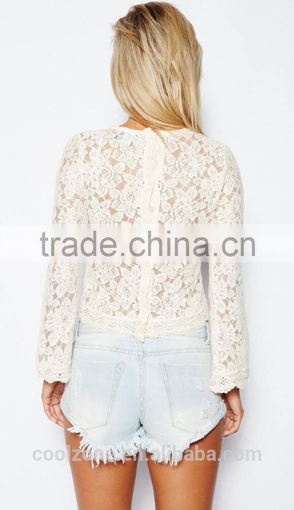 New arrival fashion loose through look floral lace lady blouse