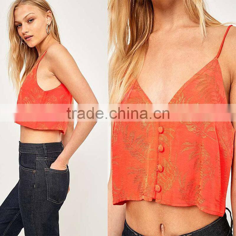 Jacquard low cut spaghetti straps cropped cami womens tank top with buttons