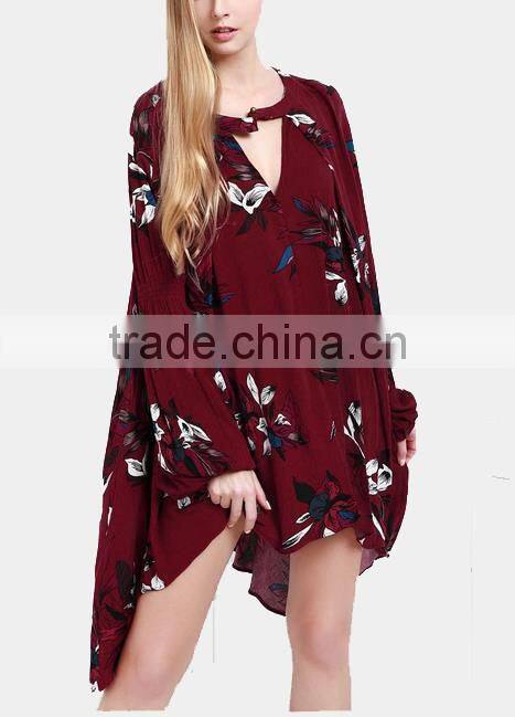 2017 Deep-v floral printed loose long sleeve sexy chiffon dress for lady