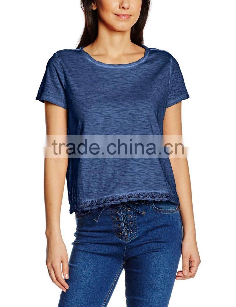 2016 Ladies thin O-neck blank t shirt with lace hem