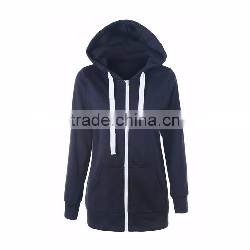 2017 Ladies Slim Fit Navy Longline Zip Up Pocket Hoodie Supplier