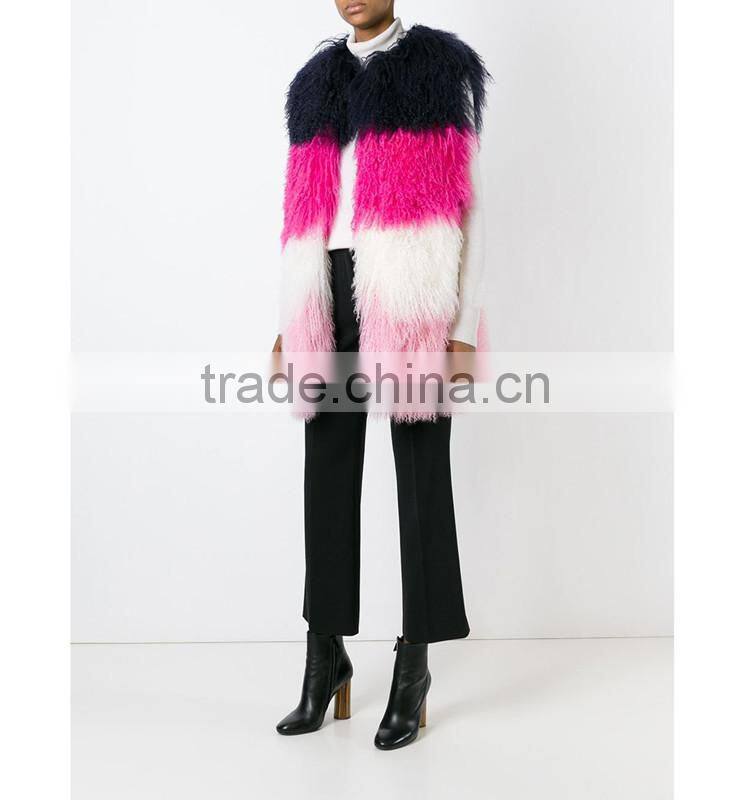 SJ206-01 Combined Colorful Lamb Fur Vest Mongolian from China Real Fur Vest for Women 2016