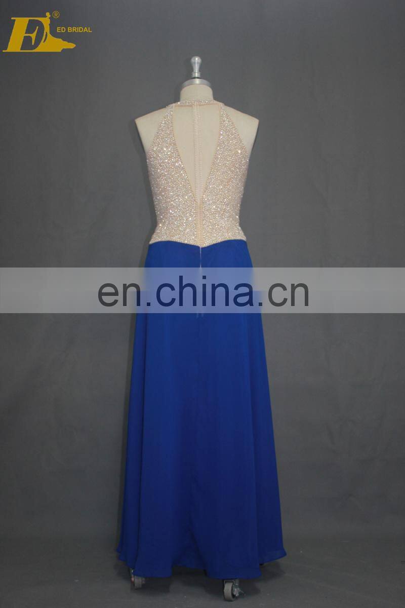 Bling Bling Beaded Halter Top Long Blue Chiffon Evening Prom Dress 2017