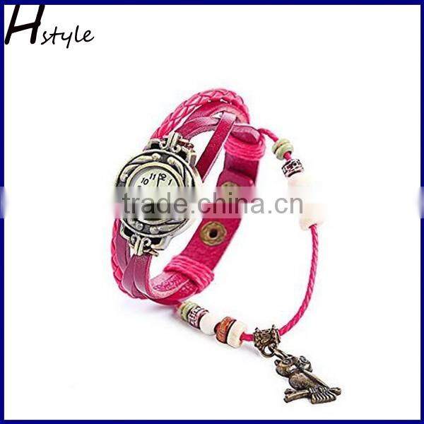 Fashion Women Leather Wrist Watch Bracelet Retro Owl Pendant Weave Wrap Quartz Watch(Blue) WP009