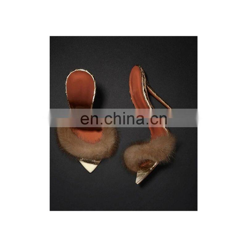 Fur design snake print golden color women high heel sandals shoes