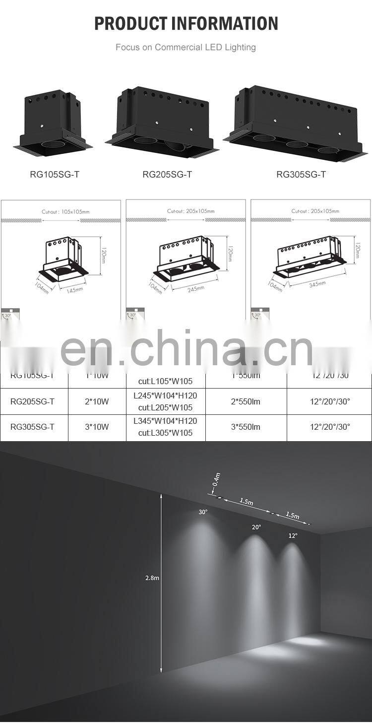 Commercial Recessed Spot Light Mount Aluminum IP20 10W COB Led Grille Light