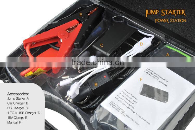 Compact car jump starter with Ultra-bright LED flash light and charging adapters