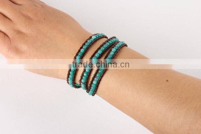 New Trendy Leather Wrap Bracelet 4MM Green Stone Handmade Bead Bracelets Bead Jewelry Manufacturer