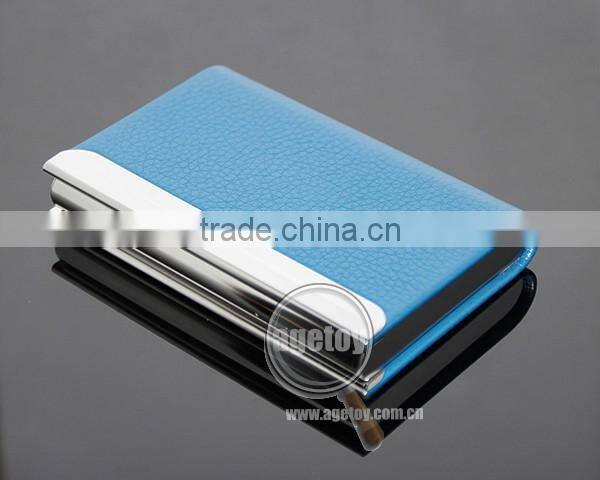 High Quality Box Packing Lichee Pattern Blue Leather Flannelette Lining Stainless Steel Metal Novelty Leather Credit Card Holder