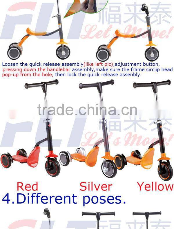 The Newest fashion 2 in 1 FLT-1006 three wheel scooter with strong steel and PU wheel for sale in 2013