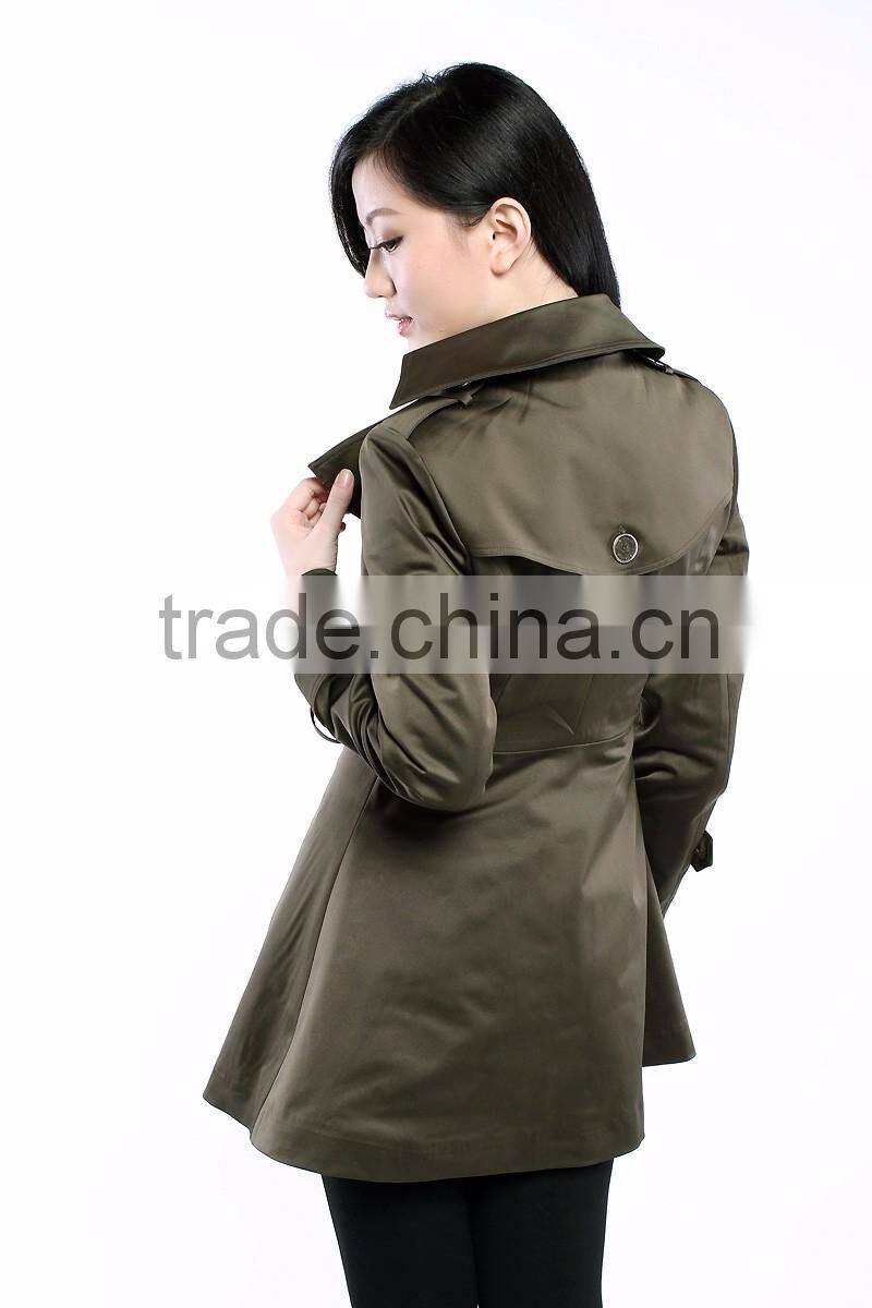 Women Wind Coats Turn Down Collar Double Breast Slim Trench Coat Green Navy Color