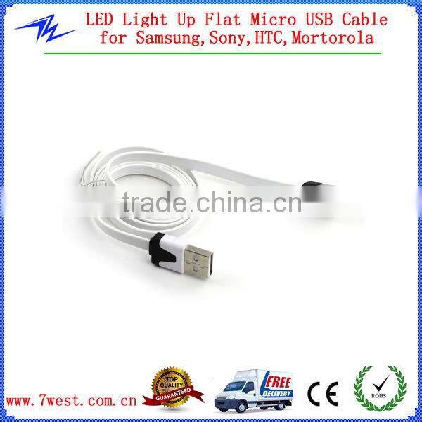 Universal LED Light Up Flat Micro USB Cable Cord with Flat Tangle Free for Smartphones and Tablets