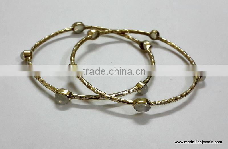 Labradorite Cushion Brass Gold Plated Bangles, Brass Gemstone Bangle, Fashionable Gemstone Bangle